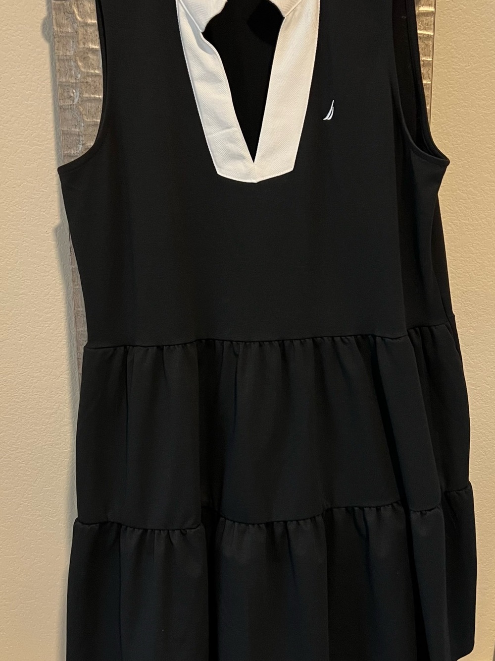Nautica Black Sleeveless Tiered Dress with White V-Neck Trim